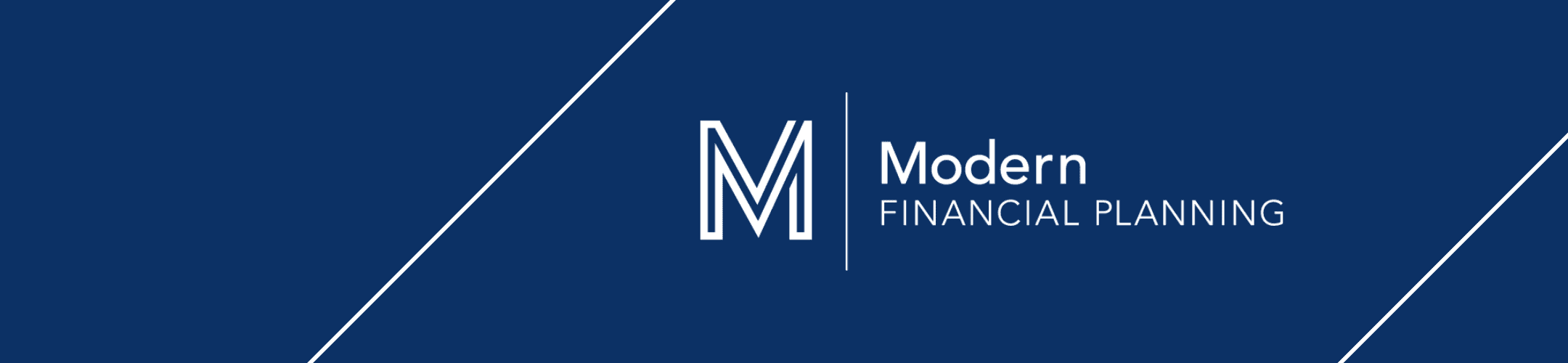 Dark blue banner with two diagonal white lines, a large stylized